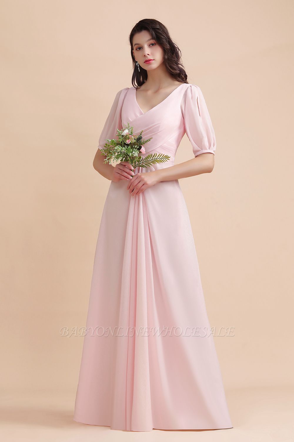 Романтическое розовое шифоновое длинное свадебное платье для гостей с половинными рукавами