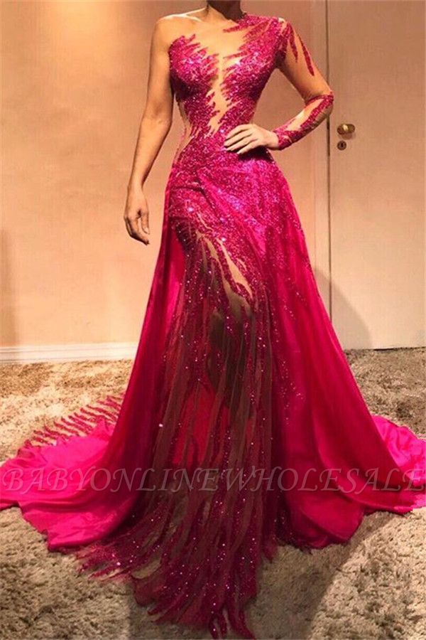 Beautiful One Shoulder Sequins Fuchsia Evening Dresses with Sleeves | Sexy Mermaid Affordable Prom Dresses BC0504