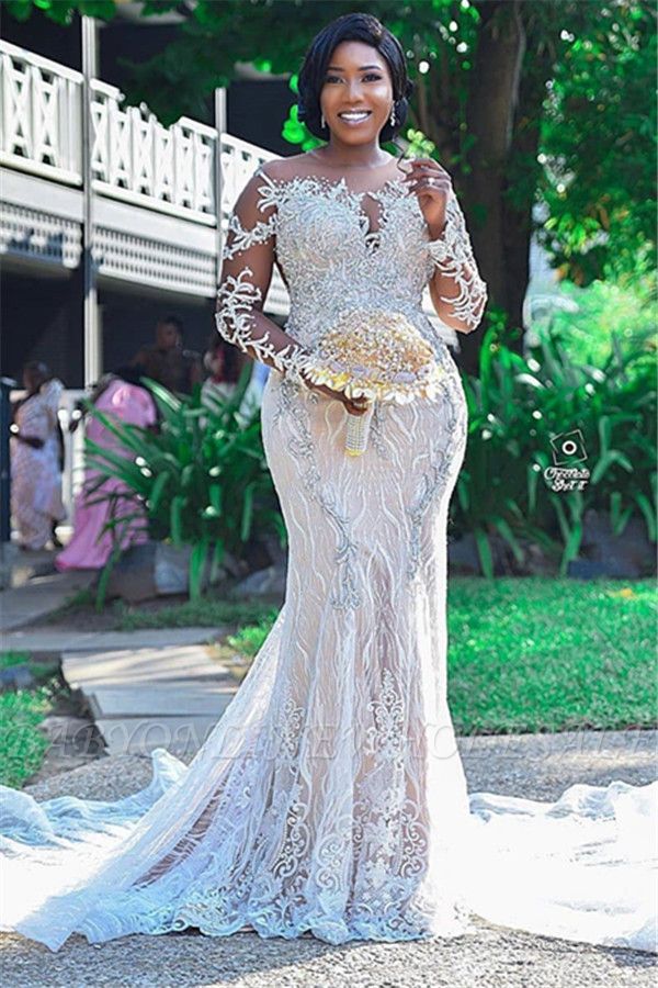 Apliques de encaje vestido de novia sirena | Vestidos de novia de talla grande y manga larga