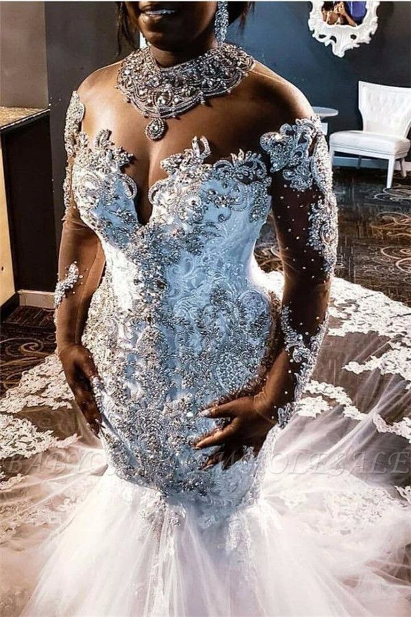Vestido de novia de sirena de diamantes de imitación con apliques de mangas largas de lujo con tren de barrido