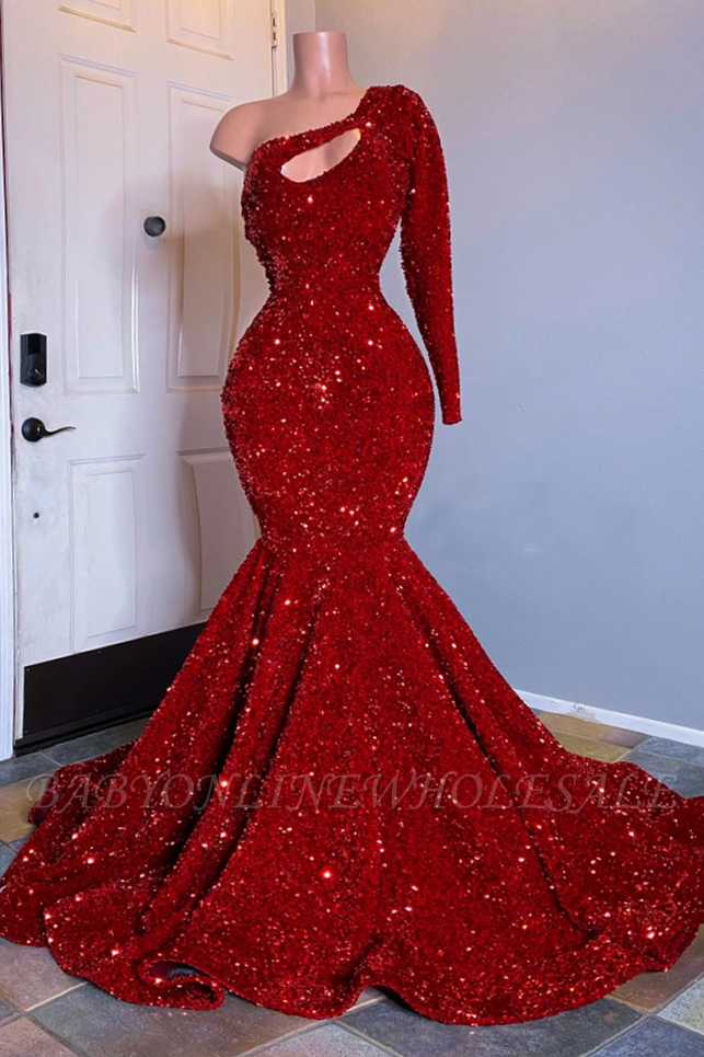 Único vestido de fiesta de color rojo brillante con mangas largas y un solo hombro