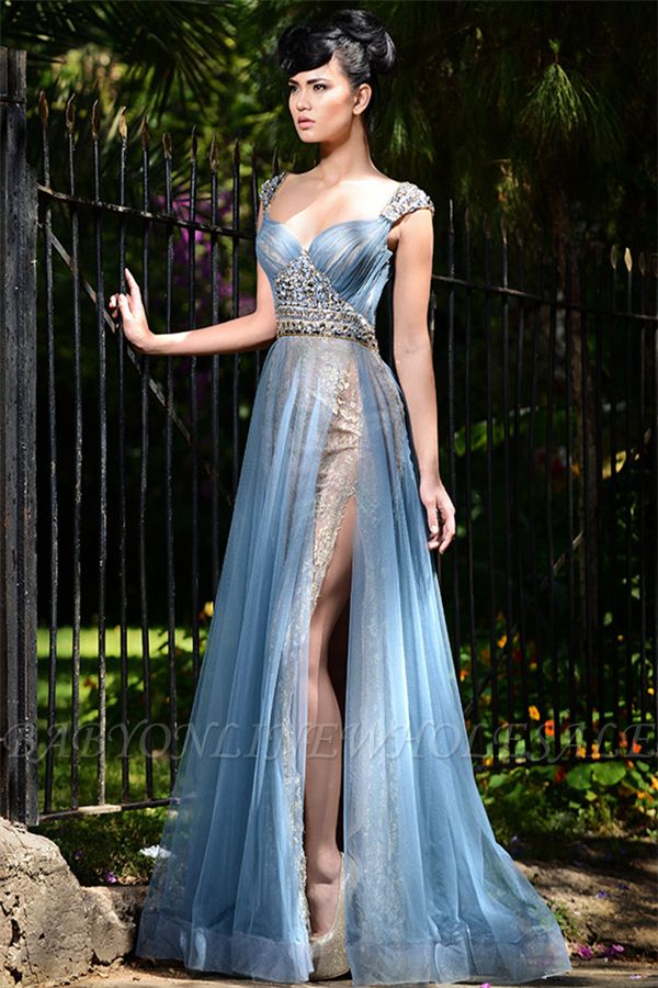 Elegantes vestidos largos de noche azul formal en | Tulle Crystal Slit Prom Vestidos baratos |