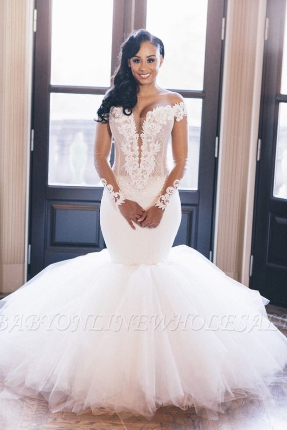 Off the Shoulder Mermaid Wedding Dress | Lace Appliques Elegant Long Sleeve Bridal Gowns