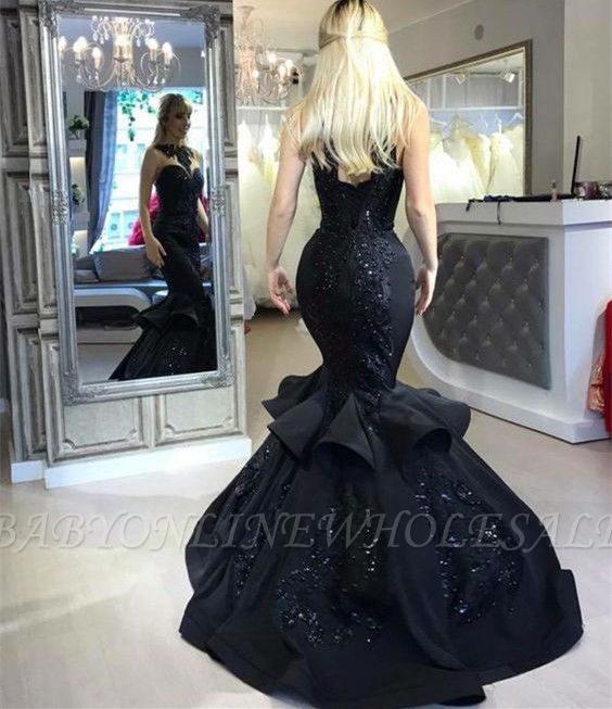 Sexy Black Mermaid Prom Dress Long Sequins Ruffles Party Gowns BA7654 ...
