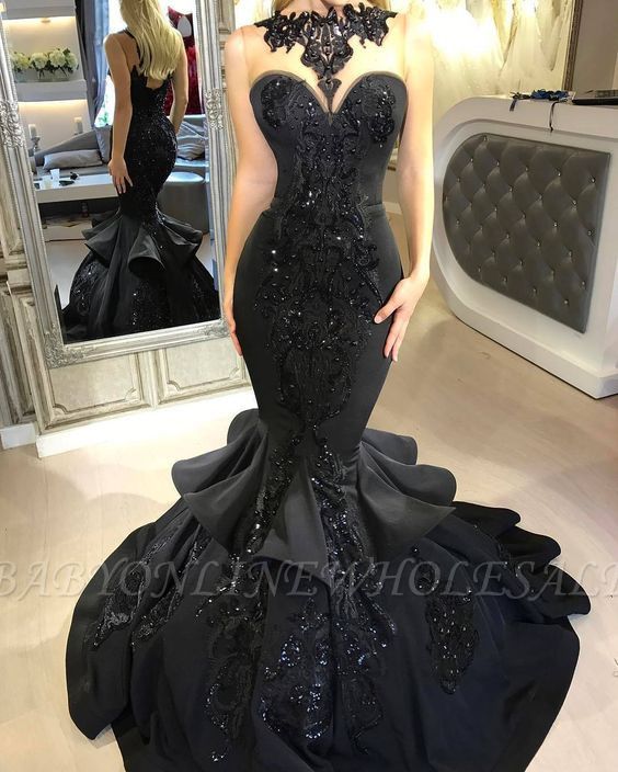 Sexy Black Mermaid Prom Dress Long Sequins Ruffles Party Gowns BA7654