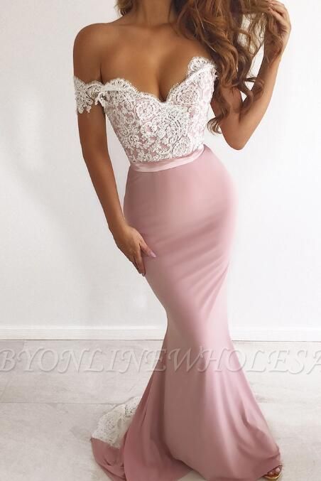 2021 Pink Off Shoulder sirena vestidos de baile | Vestidos de noche largos de encaje sexy en línea BC0359