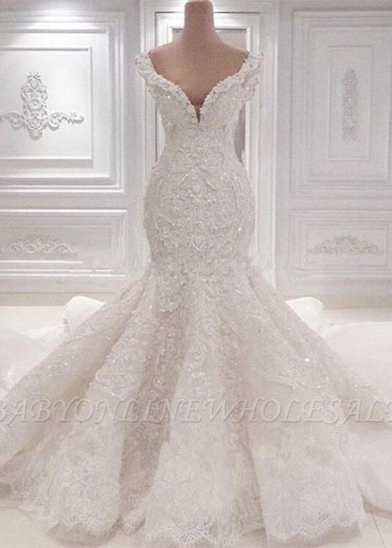 Luxuriöses schulterfreies Meerjungfrau-Brautkleid | 2021 Lace AppliquesBridal Gowns BC0221