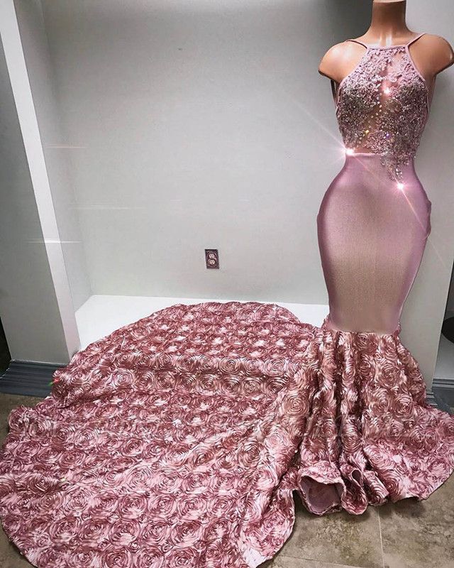 Glamorous Halter Mermaid Pink Prom Dress Lace With 3D-Floral Flowers Bottom BA7797
