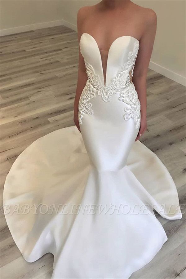 Strapless Appliques Wedding Dresses | Elegant Mermaid Open Back Dresses for Weddings BC0628