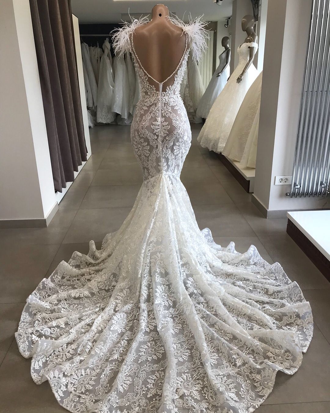 Fit and Flare Lace Crystals Necklace Wedding Dresses | Open Back Bridal Gowns with Feather