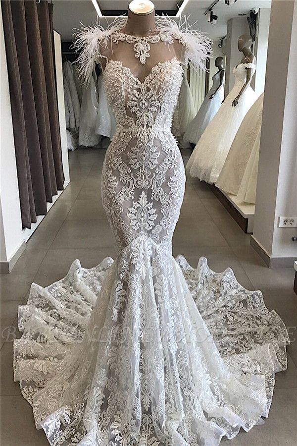 Русалка Кружева Кристаллы Ожерелье Свадебные платья 2021 | Свадебные платья с открытой спиной и перьями