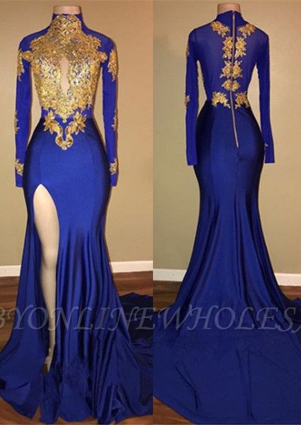 Elegant Royal Blue Prom Dress Mermaid Long Sleeve With Appliques BA7711