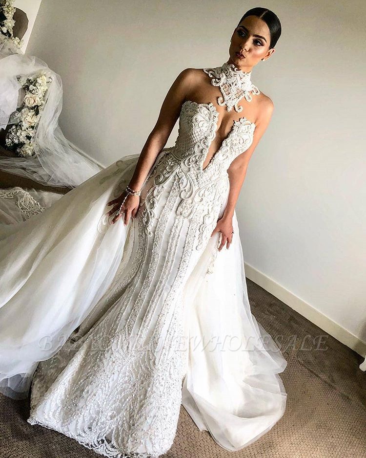 Luxurious High Neck Mermaid Sleeveless Wedding Dress|2021 Lace Appliques Overskirt Bridal Gown BC0672