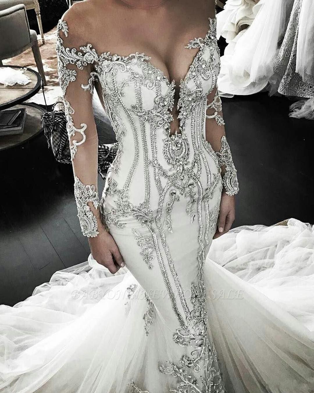 Vintage Hochzeitskleid Kaufen Brautkleid Langarm | Brautkleidung Spitze Tüll Meerjungfrau