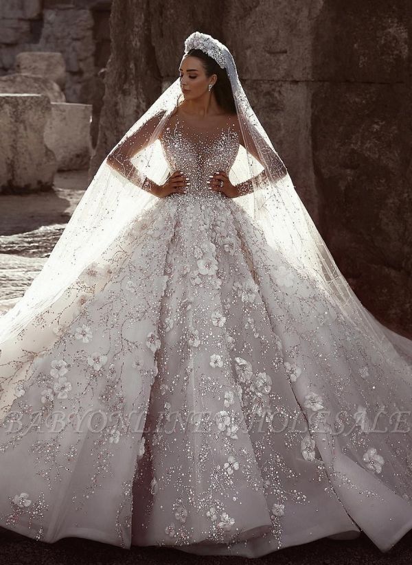 Luxus Brautkleider Mit Ärmel | Kristal Hochzeitskleider A Linie Mit Spitze