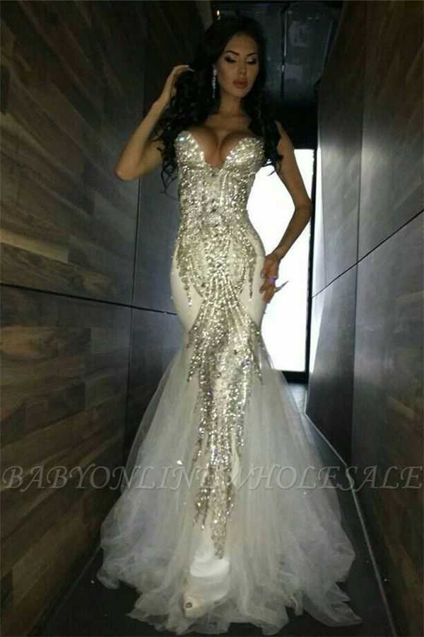 Sweetheart White Mermaid Prom Dresses | Crystal Mermaid Evening Dresses Online BA5446