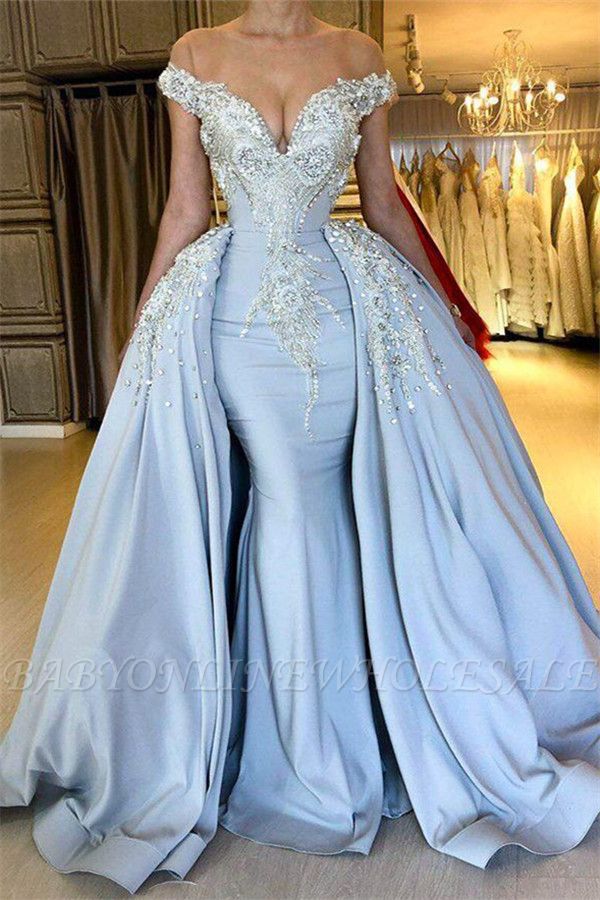 Robes de bal bleu sirène sexy manches courtes 2021 | Robes de soirée cristal overskirt en ligne