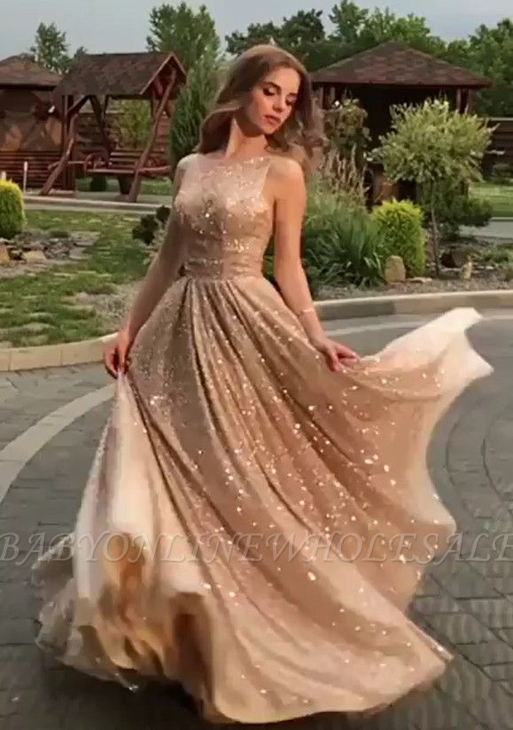 Open Back Champagne Gold Sequins Prom 