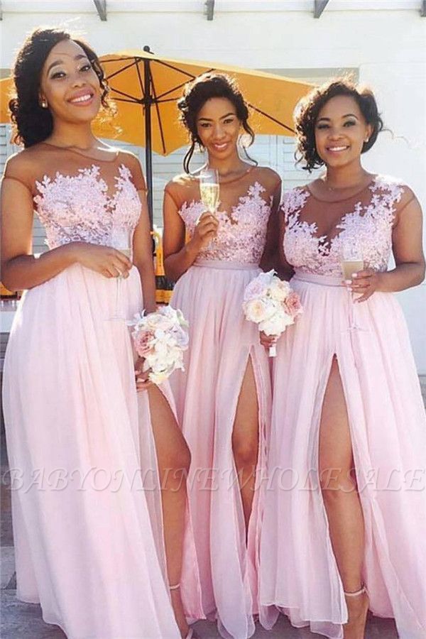 Robes de demoiselle d'honneur sexy en dentelle rose en mousseline de soie  divise une robe longue pour demoiselle d'honneur en ligne BA6919 |  Babyonlinewholesale