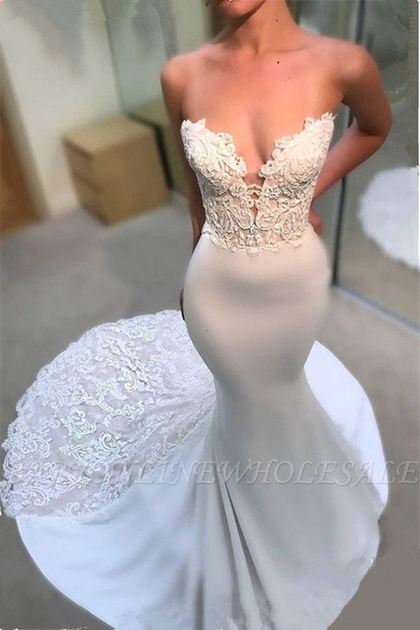 Sexy Strapless Lace Wedding Dresses Online | Elegant Mermaid Open Back Bridal Gowns