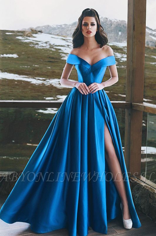 Blue Off-the-Shoulder Prom Dress | Long Evening Gowns With Slit BA8863 ...