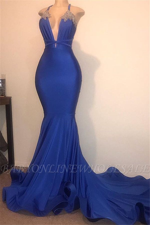 Gorgeous Spaghetti Straps Beads Appliques Prom Dresses | Elegant Alluring Sexy V-neck Fit and Flare Evening Gowns