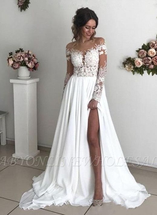 Glamorous Long Sleeve Lace Wedding Dresses | 2021 Chiffon Bridal Gowns With Slit