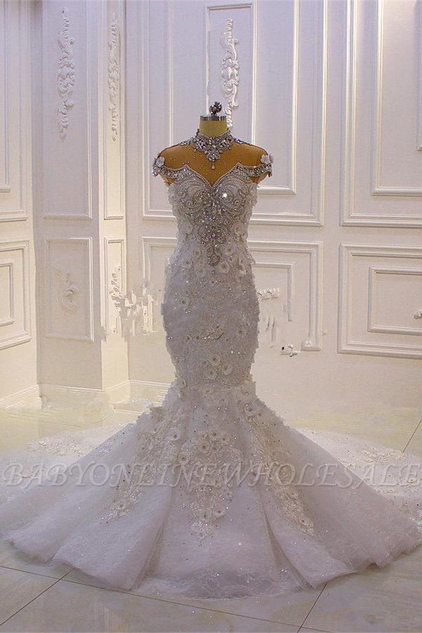 Delicate Sleeveless Beading Sheer Tulle Appliques Mermaid Sparkling Wedding Dresses