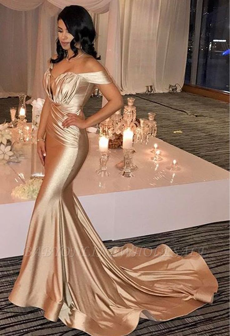 Fuera del hombro Champagne Gold Sexy Prom Dresses Mermaid Lates Popular Vestido de noche FB0183