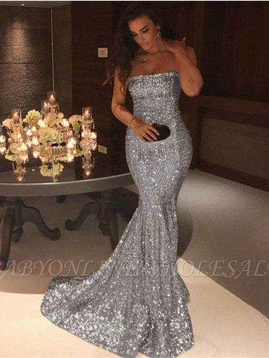 Sparkle Gold Sequins Mermaid Evening Gowns Sexy Strapless Prom Dresses FB0164