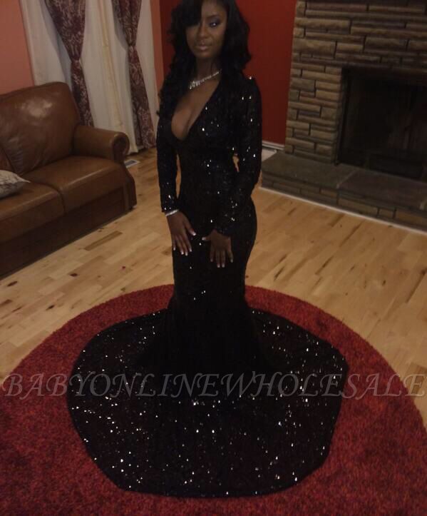 Sparkly Black Sequins Long-Sleeves Deep-V-Neck Alluring Prom Dresses ...