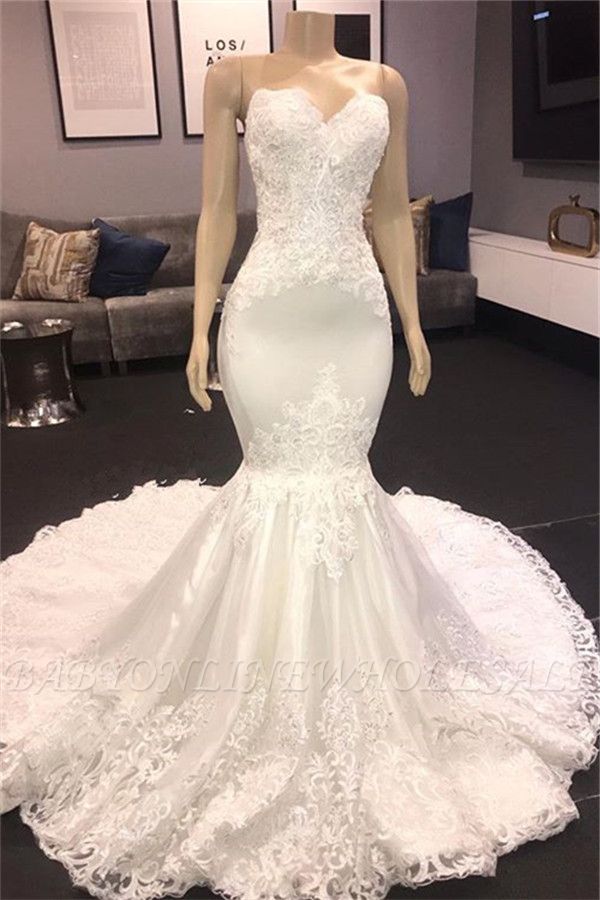 Sexy Strapless Lace Appliques Mermaid Wedding Bridal Gowns 2021