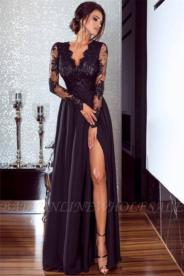 Sexy Split Long Sleeve Evening Dress Black Lace V-neck 2021 Prom Dresses BA7525