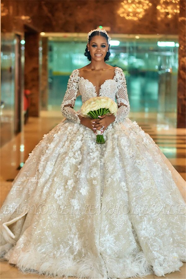 Vestido de novia vestido de fiesta apliques rebordear precioso Vestido de novia de plumas florales de manga larga