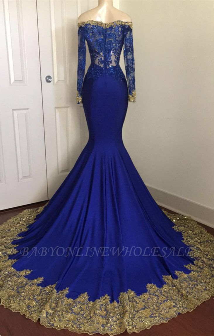 Off The Shoulder Royal Blue Prom Dresses | Gold Lace Appliques Sexy ...