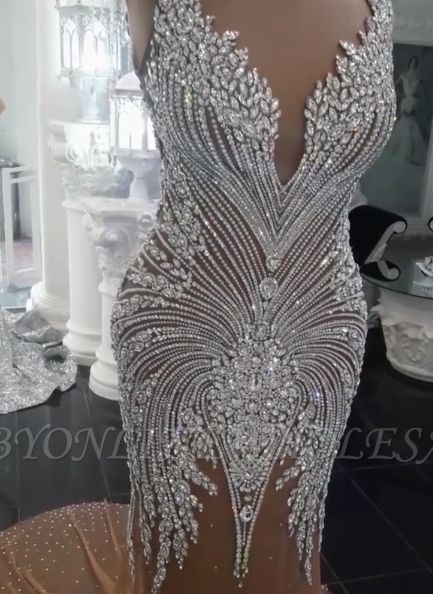 Robe de Mariée Sirène avec Crystal Sexy Dos Nu avec Traîne Champagne Transparente