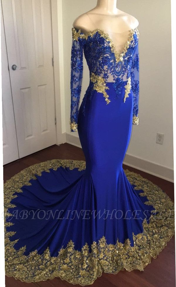 С открытыми плечами королевские синие платья выпускного вечера | Сексуальное вечернее платье с рукавами золотого кружева BA8283