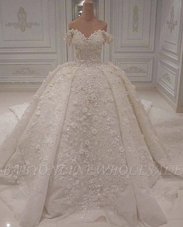 Charming Off-The-Shoulder Lace Beaded Ball Gown Wedding Dress BC1308