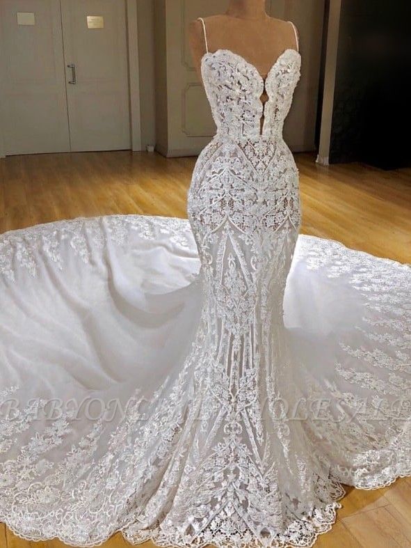 Sexy Lace sereia vestidos de casamento | Cintas de espaguete apliques vestidos de noiva