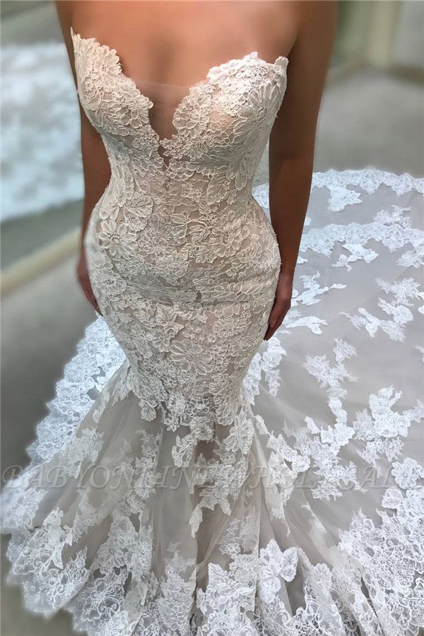 Backless Strapless Sexy Mermaid Wedding Dresses | Cathedral Train Lace Dresses for Weddings