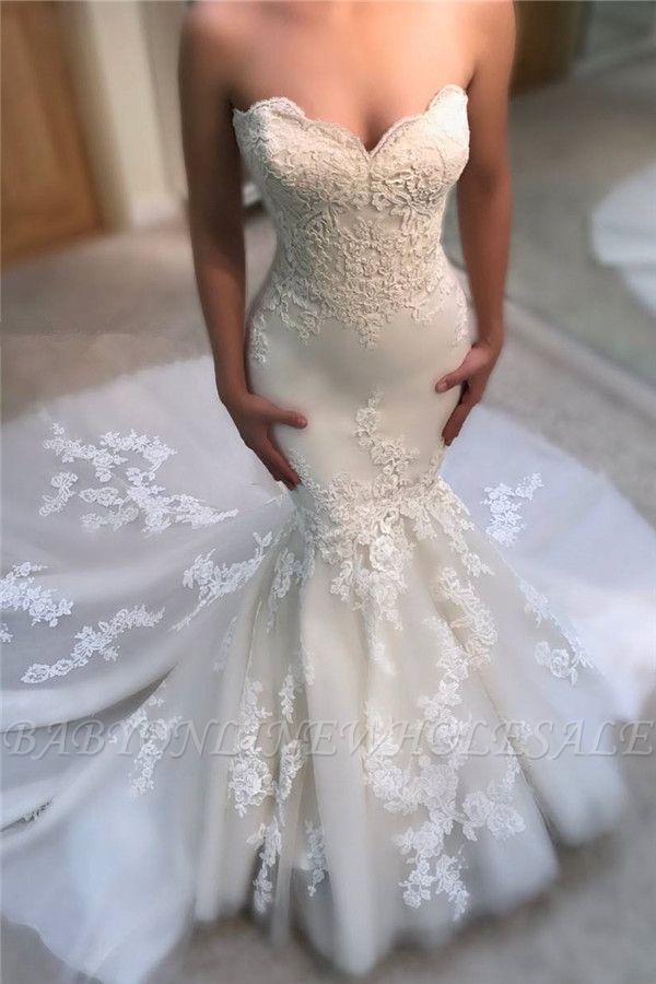 Querida vestido de noiva sereia barato on-line | Sexy Strapless Lace Vestidos de noiva