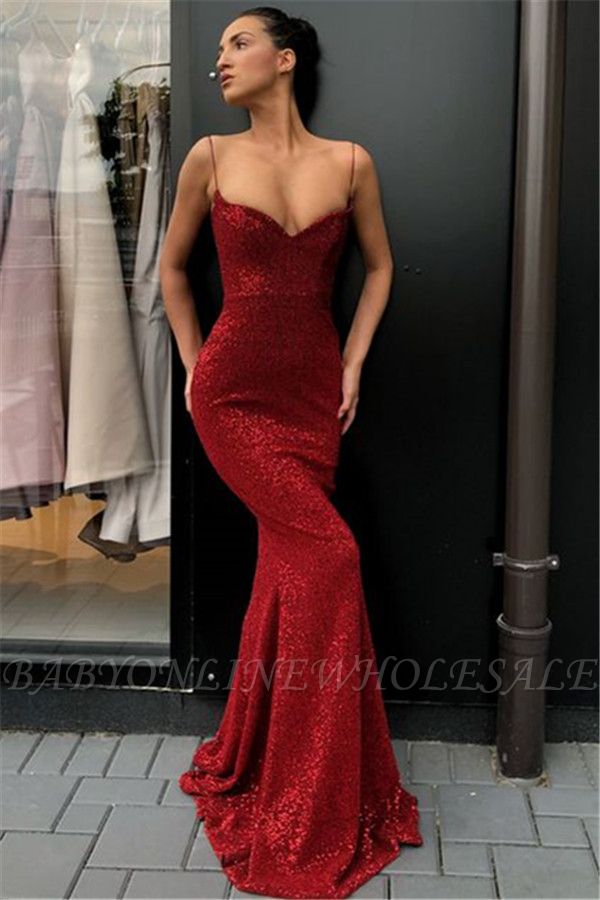 Sexy einfache Rote Pailletten Lange Abendkleider | Günstige Spaghettiträger Abendkleider 2021 BC0920