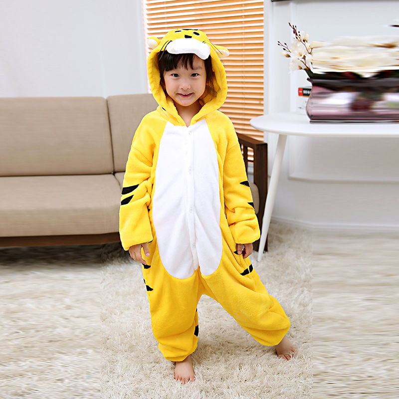 New Kids Pajamas Winter Flannel Yellow Tiger Cartoon Character Cute Children Warm Onesies Animal Sleepwear