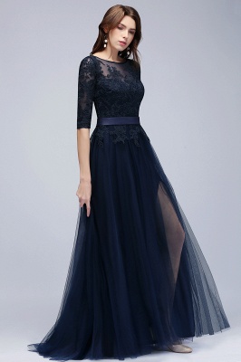 NANA | A-line Half Sleeves Floor Length Slit Appliqued Tulle Prom Dresses with Sash_11