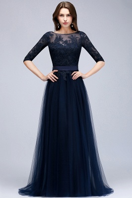 NANA | A-line Half Sleeves Floor Length Slit Appliqued Tulle Prom Dresses with Sash_6