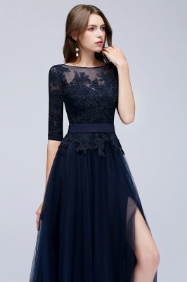 NANA | A-line Half Sleeves Floor Length Slit Appliqued Tulle Prom Dresses with Sash_9