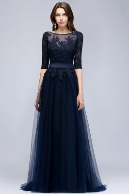 NANA | A-line Half Sleeves Floor Length Slit Appliqued Tulle Prom Dresses with Sash_4