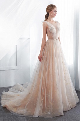 NANETTE | A-line Sleeveless Long Tulle Appliques Champangne Evening Dresses with Sash_7