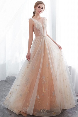 NANETTE | A-line Sleeveless Long Tulle Appliques Champangne Evening Dresses with Sash_2