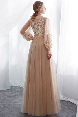 NATALIE | A-line Long Sleeves Appliques Tulle Champagne Evening Dresses_3